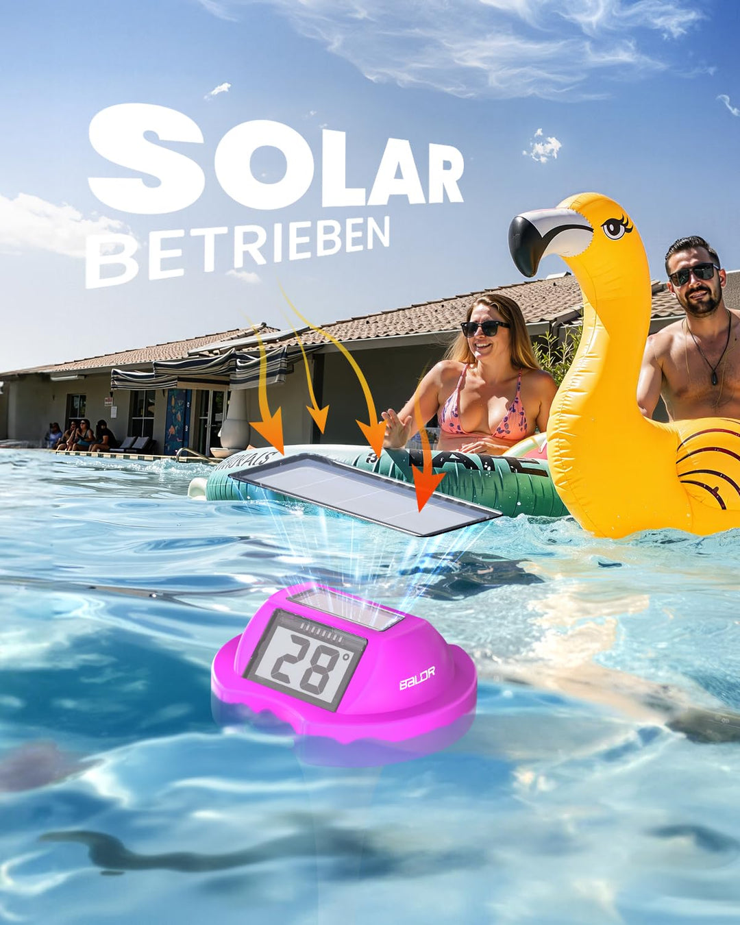 BALDR Solar Schwimmendes für Pool mit zwei grossen Displays | IPX7 wasserdichter digitaler Temperatu