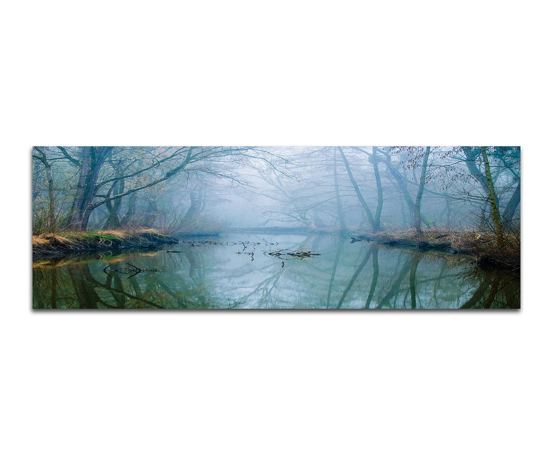 Paul Sinus Art Panoramabild auf Leinwand und Keilrahmen 150x50cm Wald Bäume Fluss Nebel Dunst