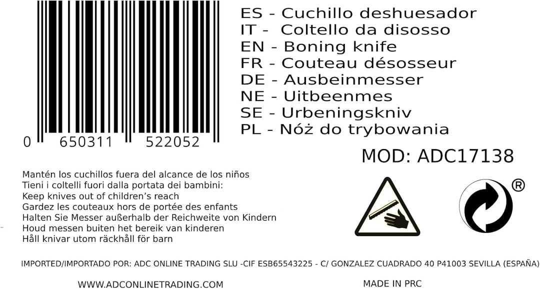 ADCSHOP Ausbeinmesser – Klinge 16,2 cm – Edelstahl 3Cr13Mov – Griff Polypropylen / Gelb – Gesamtgrös