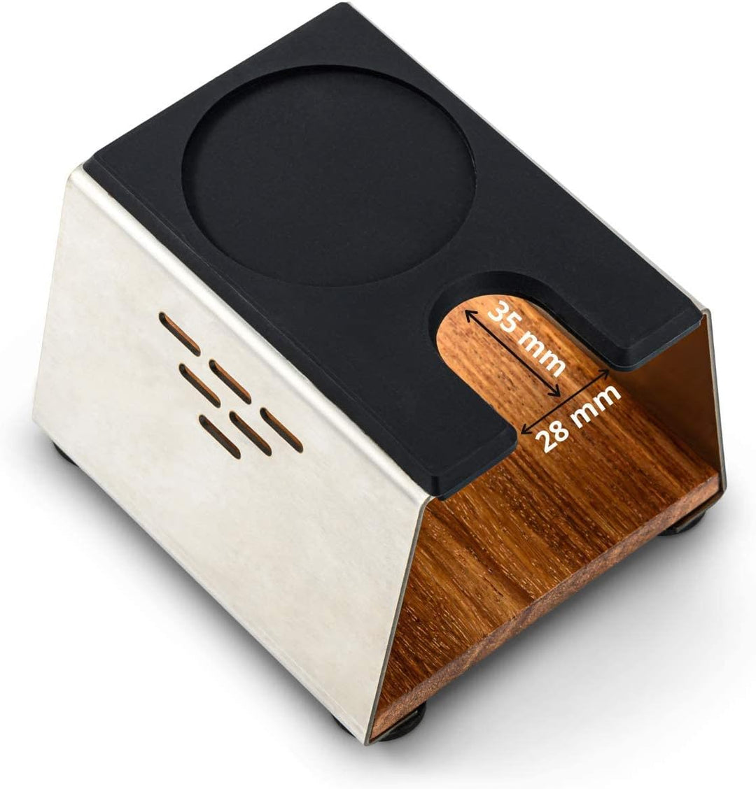 Tamperstation aus Edelstahl &amp; Holz bis 58mm – Rutschfeste Andrückstation für Siebträger | Barista Zu