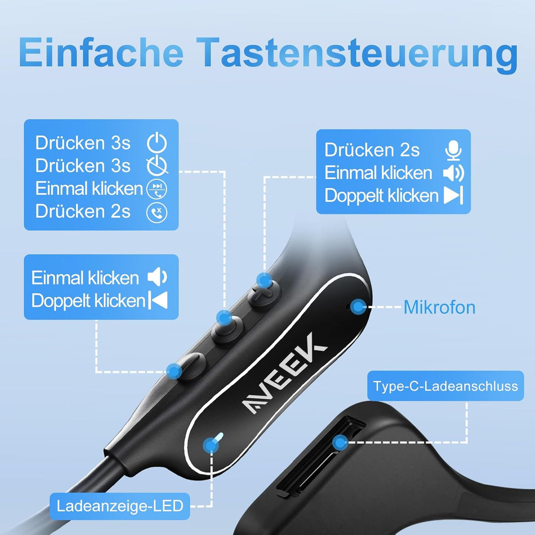 Aveek Knochenschall Kopfhörer Bluetooth 6.0, Open-Ear Kopfhörer mit 8h Akku, Bone Conduction Headpho