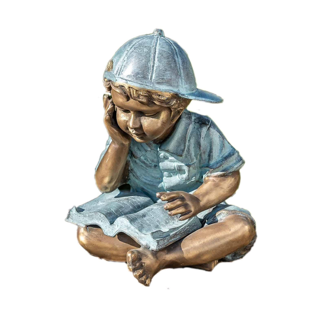 IDYL Bronze-Skulptur Lesender Junge | 29x24x25 cm | Kinderfigur aus Bronze handgefertigt | Gartensku