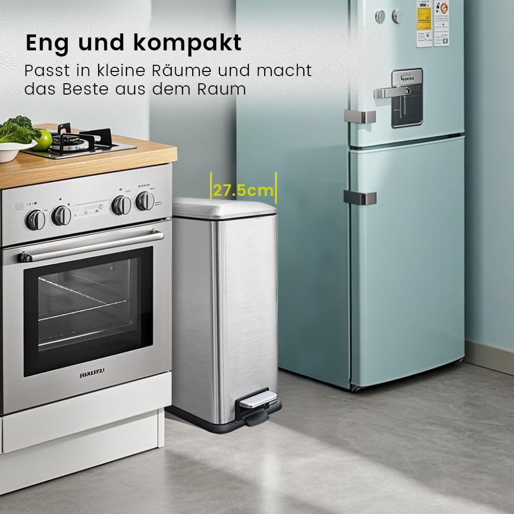 Mülleimer,45L Treteimer mit Inneneimer,45 Liter Schmaler Abfalleimer mit Pedal,Edelstahl Tretmülleim