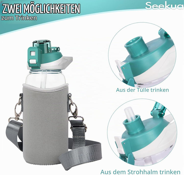 Seekua 0.6l Sport Trinkflasche Glas Flasche mit Strohhalm &amp; Zeitmarkierung für Kinder, Schule 600ml
