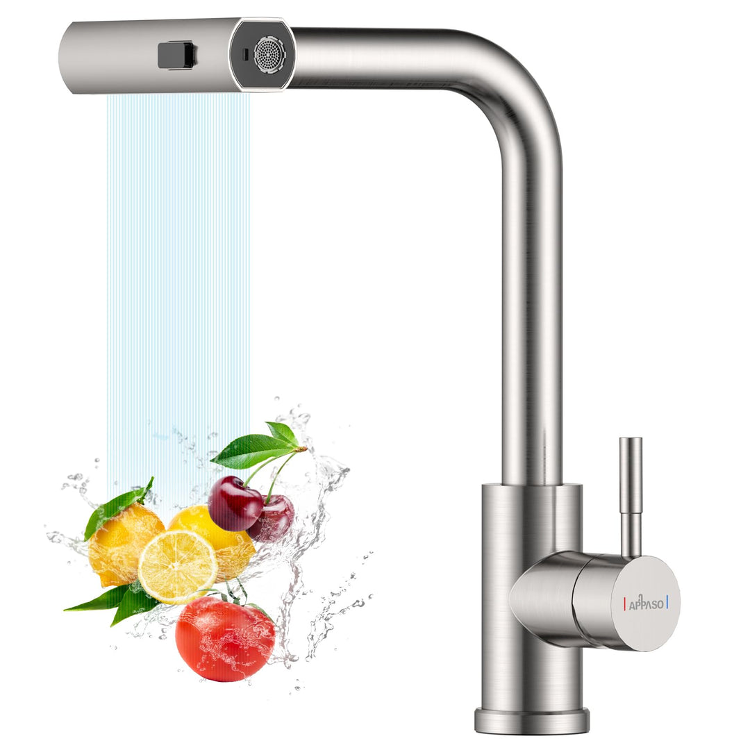 APPASO Waterfall Wasserhahn Küche Ausziehbar, Waterfall Hochdruck Küchenarmatur mit Bruase 360° Dreh