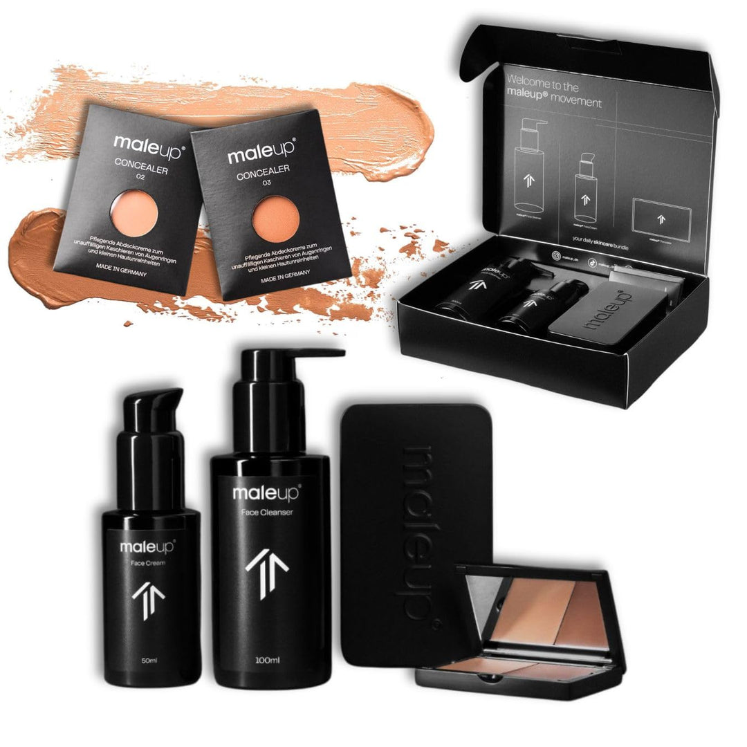MaleUp – Komplett Set für Männer Mittel – Face Cleanser, Face Cream, 2x Concealer, Metallcase – Kasc