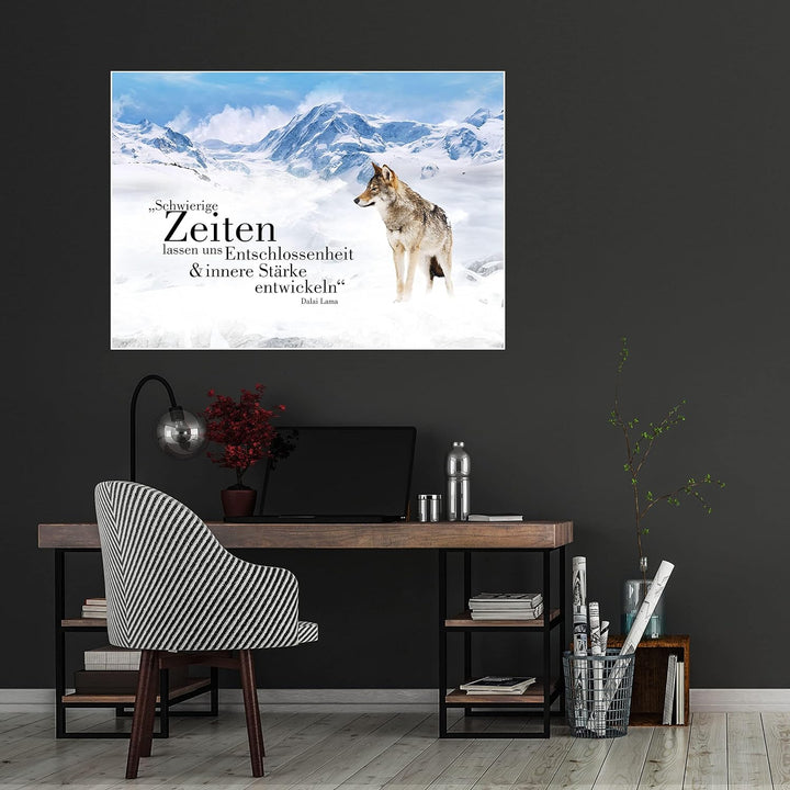 wandmotiv24 Poster als Wanddeko, Grösse Din A1, Wolf in den Bergen, Entschlossenheit, Wölfe, Tiere,