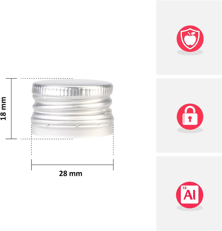 100 Stück Aluminium Schraubverschluss 28/18 mm Silber – Dicht, wiederverwendbar, Flaschenverschluss