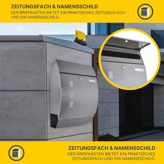 MeLiTec Edelstahl Briefkasten Modell P mit Zeitungsfach und Namensschild, matt, Modell P