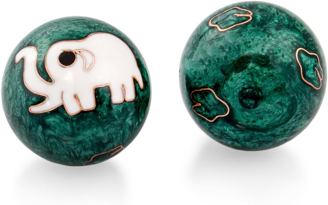 Meditation Qi-Gong-Kugel Paar mit Klangwerk | Klangkugeln | Yin Yan | Design ELEFANT GRÜN (Ø: 30mm)