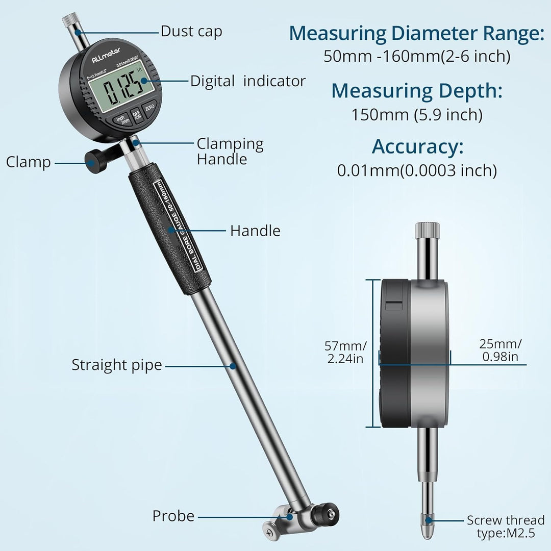 Digital Bohrungsmessgerät, Innenmessuhr 50–160 mm, 0,01 mm Genauigkeit, inkl. 12 Messköpfe und ABS-B