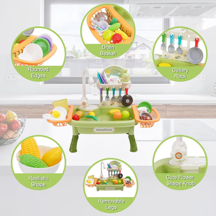 Kinder Spielküche mit Spülbecken,Wasserhahn,Geschirr und Zubehör,Küchenspüle Spielzeug Set mit Wasse