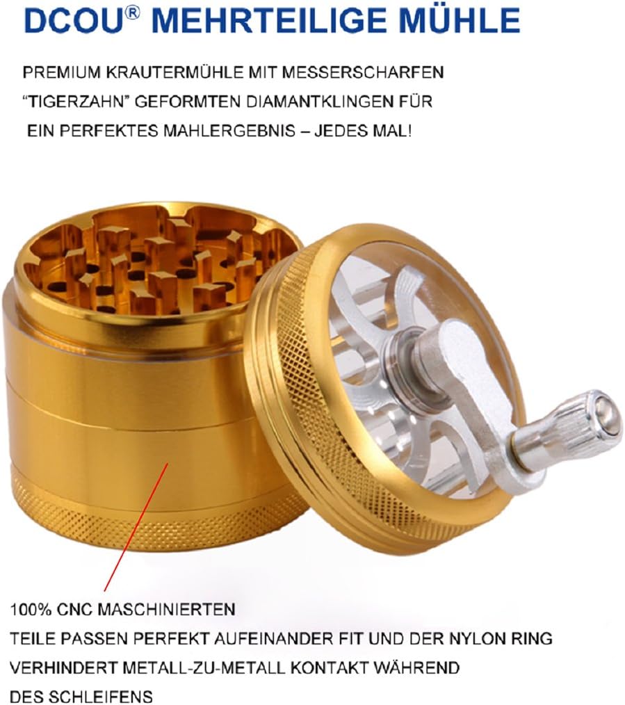DCOU Handkurbel Premium Mühle unzerbrechlich CNC Aluminium Metall Mahler Schleifer 4 Teile Ø55mm Mat