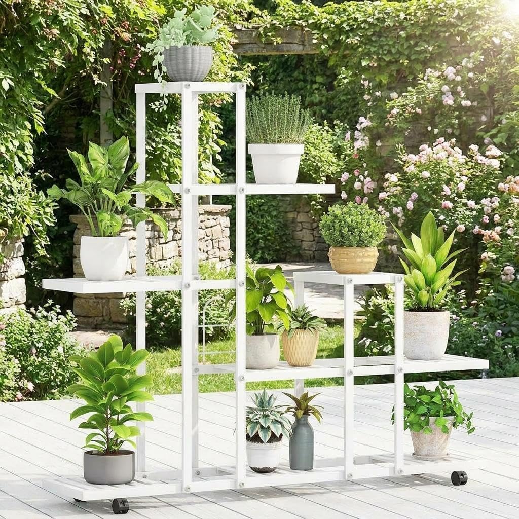 Blumenständer Metall mit Rollen &amp; Bremse, Mehrstöckiges Pflanzenregal für mehrere Pflanzen, Rostschu