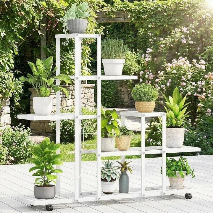 Blumenständer Metall mit Rollen &amp; Bremse, Mehrstöckiges Pflanzenregal für mehrere Pflanzen, Rostschu