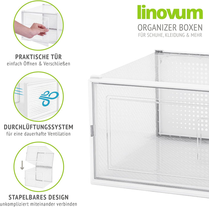 linovum 6er Set Schuhboxen stapelbar transparent für Übergrössen - modulare Aufbewahrungsbox für Sch