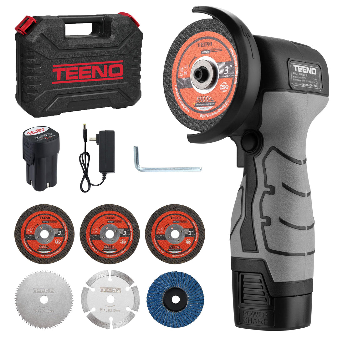 Winkelschleifer TEENO 19.500 U/min – kabellose Schleifmaschine, 76 mm, Komplettset mit 2 Akkus 2000