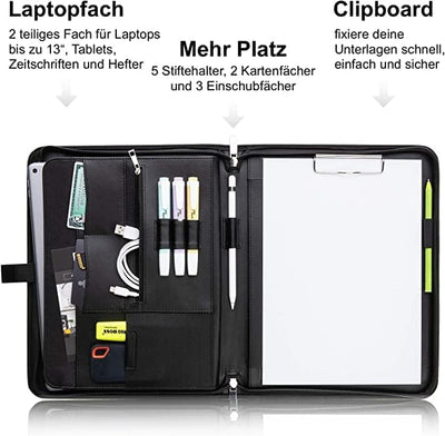 Vebon® Schreibmappe A4 gross Rom I Doppel Reissverschluss + Klemmbrett I Konferenzmappe + Laptoptasc