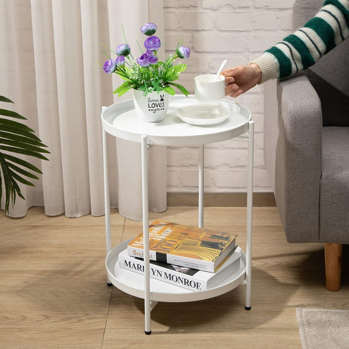 HollyHOME Runder Beistelltisch, 2 Ebenen Beistelltisch Metalltablett, Snacktisch, Couchtisch, Teetis