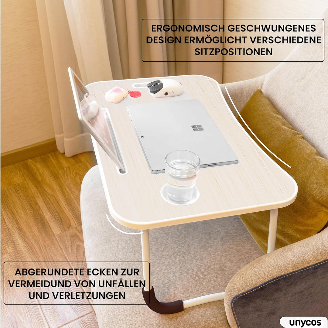 unycos - Betttablett Klappbar, Frühstückstablett mit Griff und Getränkehalter, Serviertisch, Ideal f