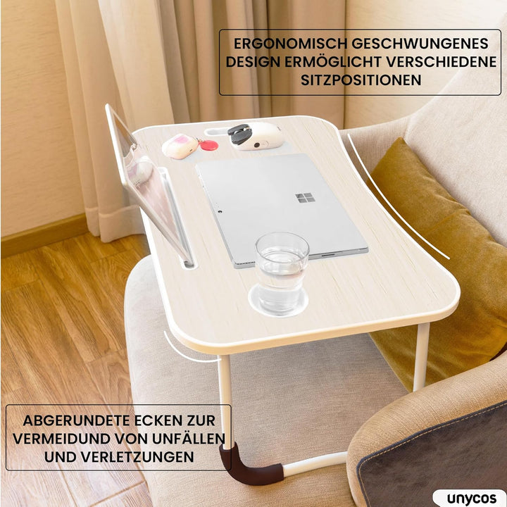unycos - Betttablett Klappbar, Frühstückstablett mit Griff und Getränkehalter, Serviertisch, Ideal f