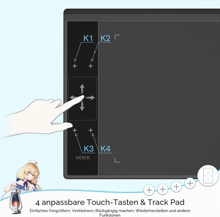 VEIKK A30 Grafiktablett mit Smart Touchpad und 4 Tastenkombinationen, 10x6 Zoll mit batterielosem St