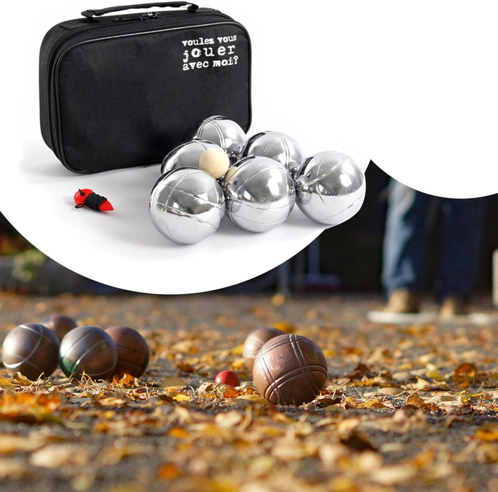 Boule Set 6 Metall Kugeln 7,3 mm Durchmesser mit Zielkugel Schweinchen,Abstandsmesser, Kugelspiel Fr