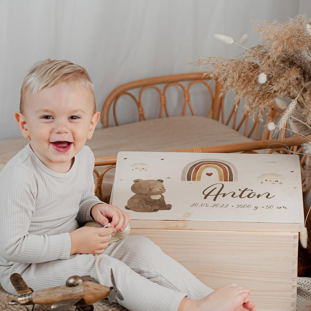 KIDSMOOD - Erinnerungsbox Baby, personalisierte Holzkiste mit Deckel, Ideal zur Aufbewahrung von Eri