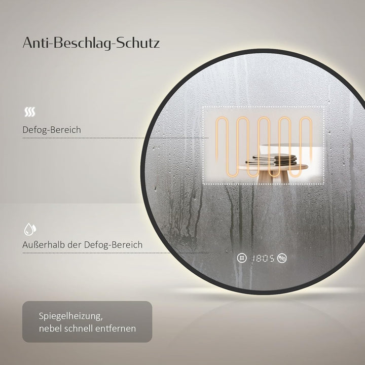 EMKE Badspiegel mit Beleuchtung rund 60 cm – Schwarzer Badezimmerspiegel mit Antibeschlag, Dimmbar,