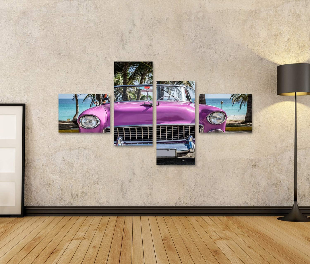 islandburner Bild auf Leinwand Kuba Rosa Amerikanisches Klassisches Auto Geparkt Unter Palmen In Der