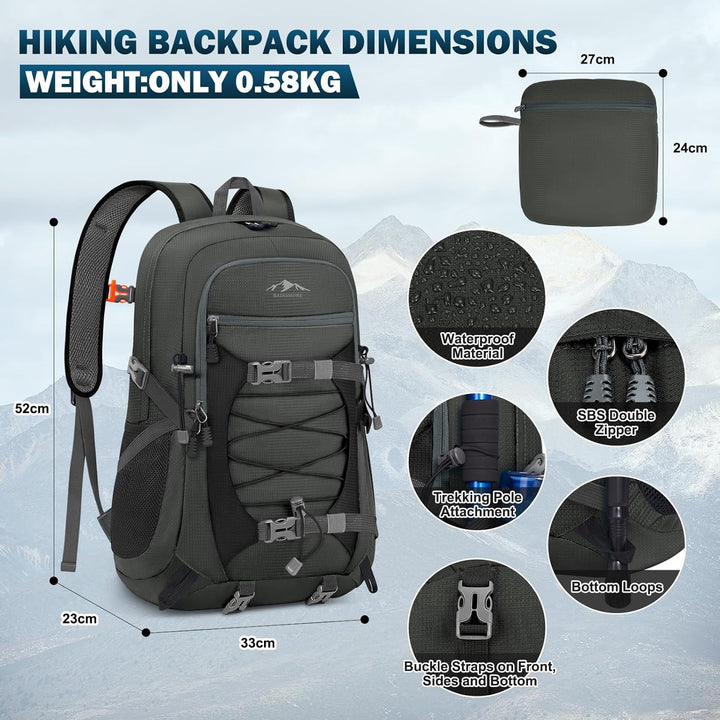 RAINSMORE Wanderrucksack Herren Damen 40L Rucksack Wasserdicht Gross Reiserucksack Leicht Faltbarer