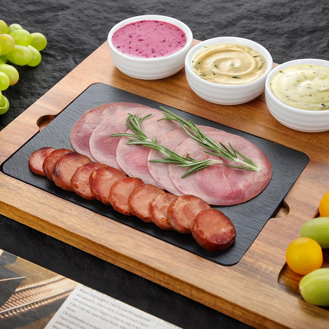Servierplatte aus Akazienholz mit 3 Keramikschale, Rustikale Käseplatte, Steakplatte, Grillplatte, S