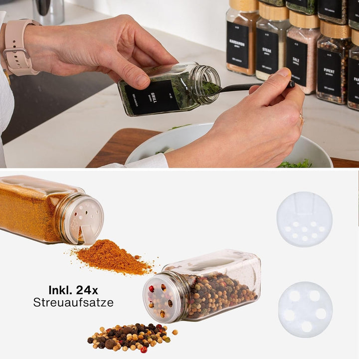 Deco haus® Gewürzgläser eckig luftdicht 12er Set [inkl. Etiketten & Streueinsatz] - Gewürzdosen Set