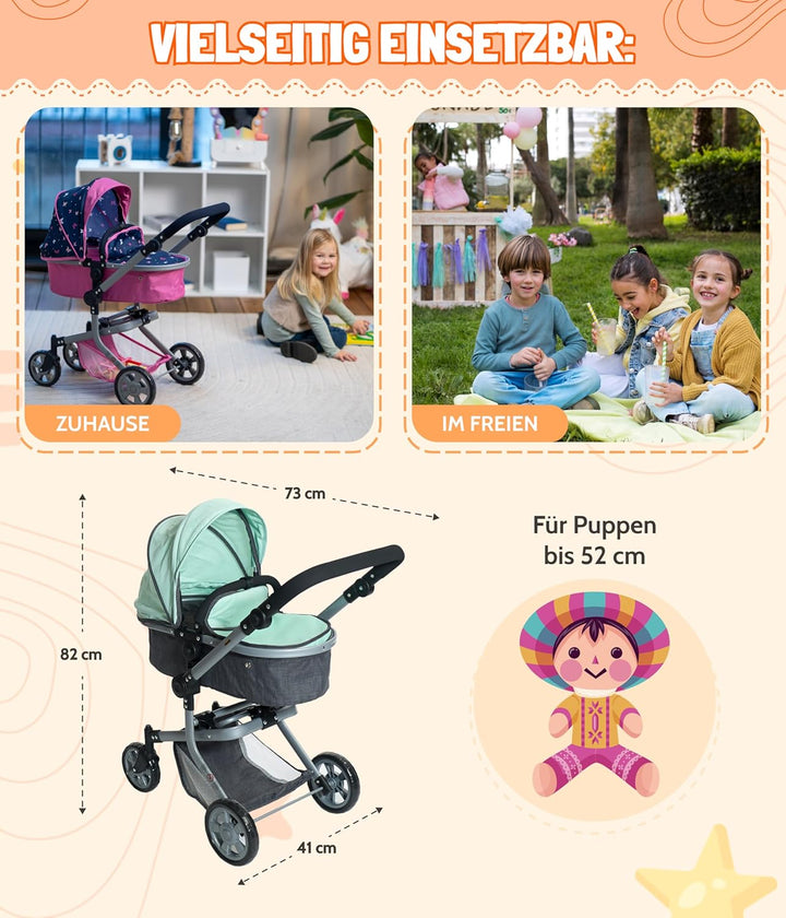 Bayer Chic 2000 - Puppenwagen Mika, 2in1 Kombipuppenwagen für Kinder von 4 bis 8 Jahren, Kinderwagen