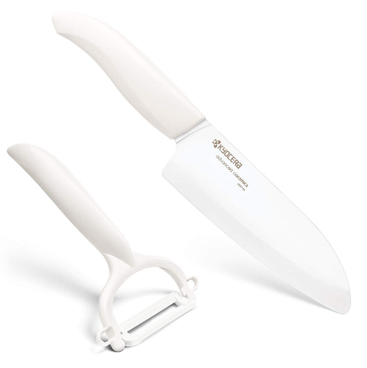 Kyocera Cut&Peel Set, Santokumesser (Klinge: 14 cm) mit Sparschäler, weisser Griff Weiss Cut & Peel