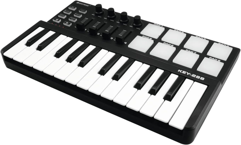 Omnitronic KEY-288 MIDI-Controller | USB-MIDI-Controller mit 25 Tasten, 8 Pads, je 4 Regler und Fade