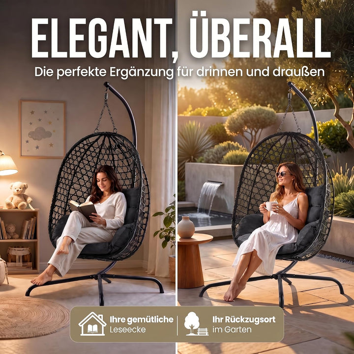 Hängesessel mit Gestell; Hängekorb Sessel; Schwebeliege Rattan Outdoor & Indoor Relax-Stuhl; Egg Sch