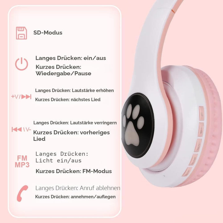 AXFEE Kopfhörer Kinder, Kinderkopfhörer Bluetooth, Mädchen Katzenohr Over-Ear mit LED-licht Faltbare