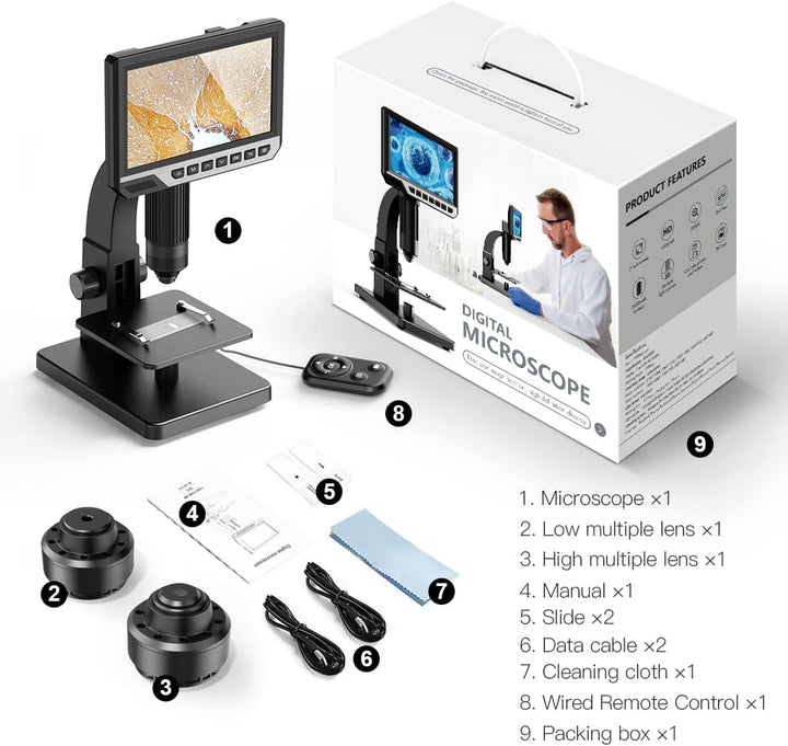 Digitales Mikroskop mit LCD-Display 7 Zoll (17.8 cm) Doppelobjektiv, 500 – 2000 X Kamera mit 12 MP u