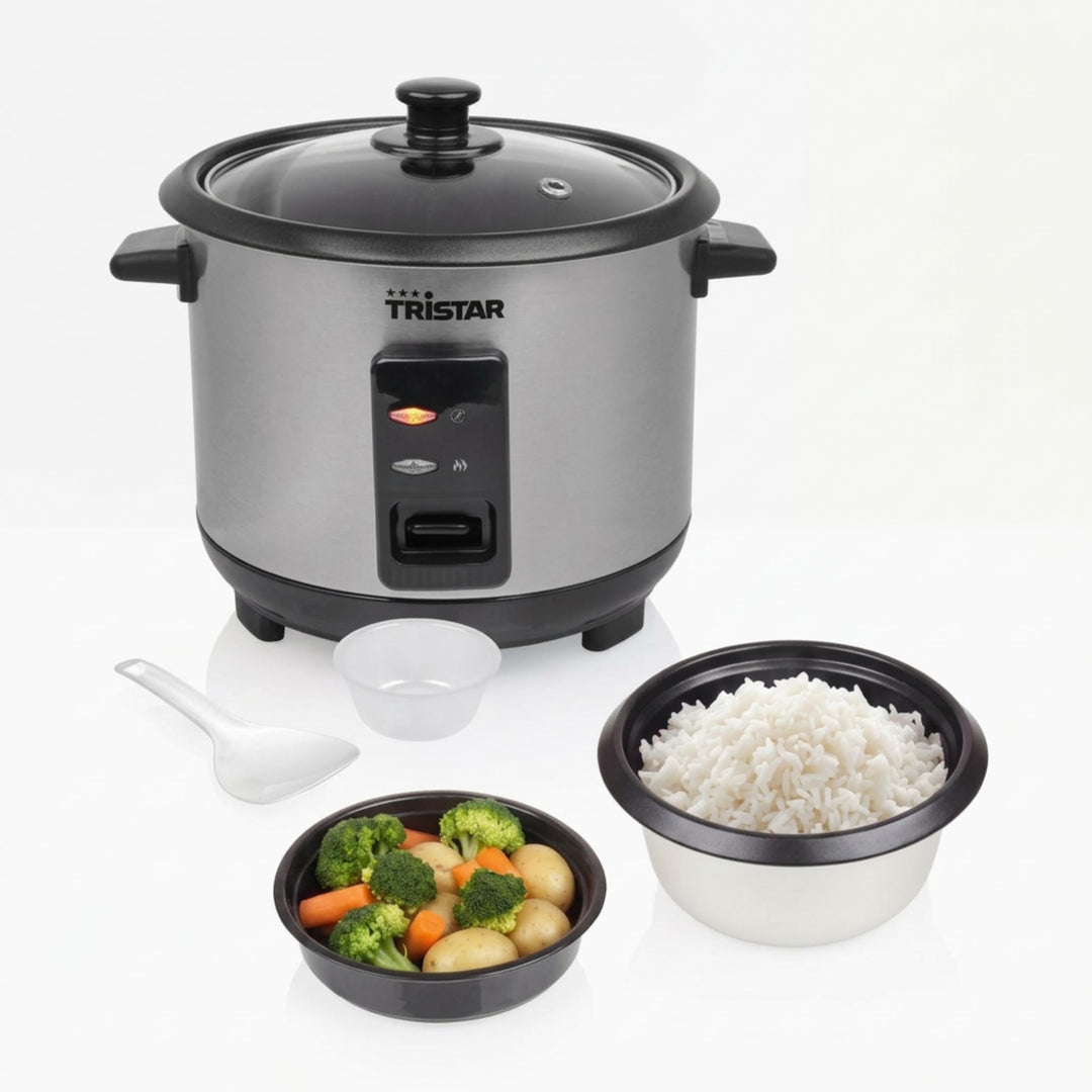 Tristar Reiskocher, 1 L Kapazität für bis zu 5 Portionen, Edelstahlgehäuse, Antihaft-Innentopf, Damp