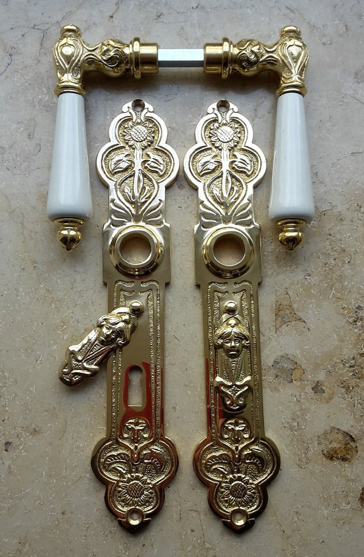 Graf von Gerlitzen Messing Tür BB 72 Griffe Türgriffe Jugendstil Langschild S22-1PW
