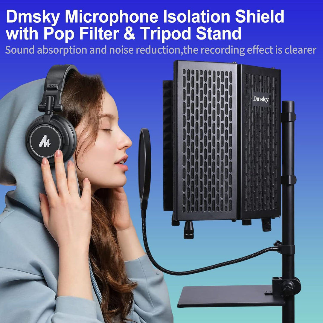 Dmsky Mikrofon-Isolationsschild mit Pop-Filter und Stativständer, faltbarer Mikrofonschutz mit dreif