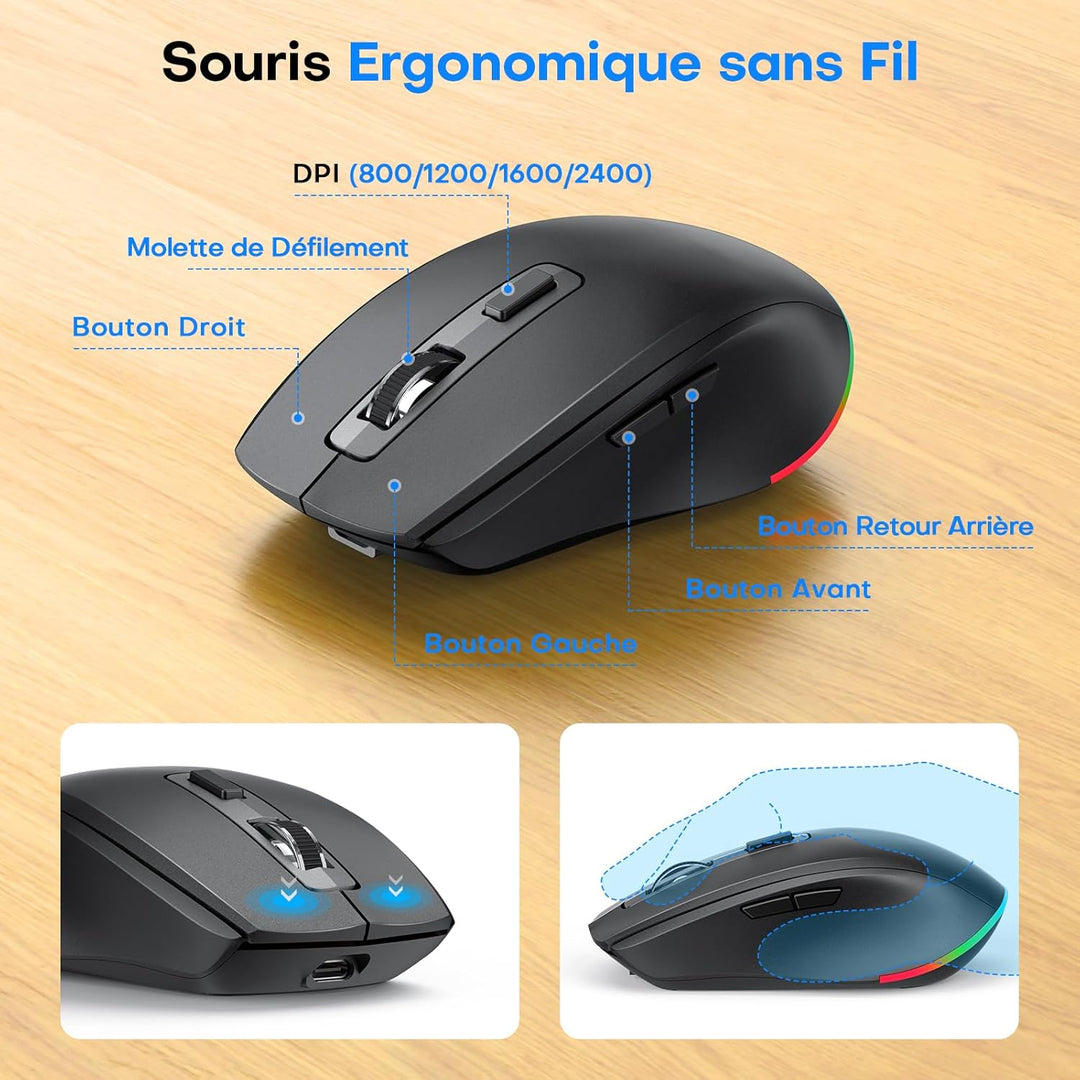 OMOTON Tastatur Maus Set Kabellos – 2,4GHz Ergonomische Tastatur (Space Grau Schwarz-AZERTY), Space