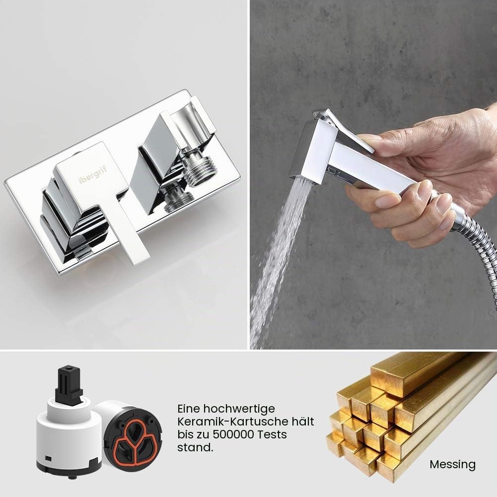 Ibergrif M22011 - Unterputz Eckig WC-Bidet Handbrause Set mit Dusche und Halter, Schlauch, Warmes un