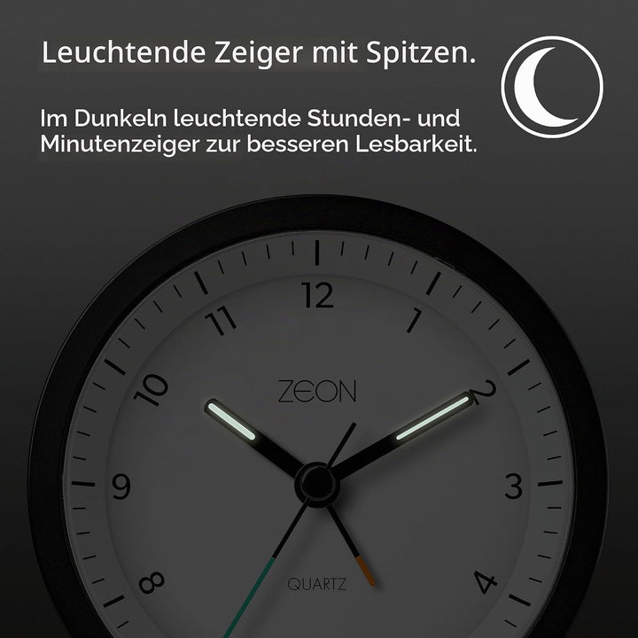 ZEON runder analoger Wecker mit Licht- und Schlummerfunktion, geräuschloser, batteriebetriebener Nac