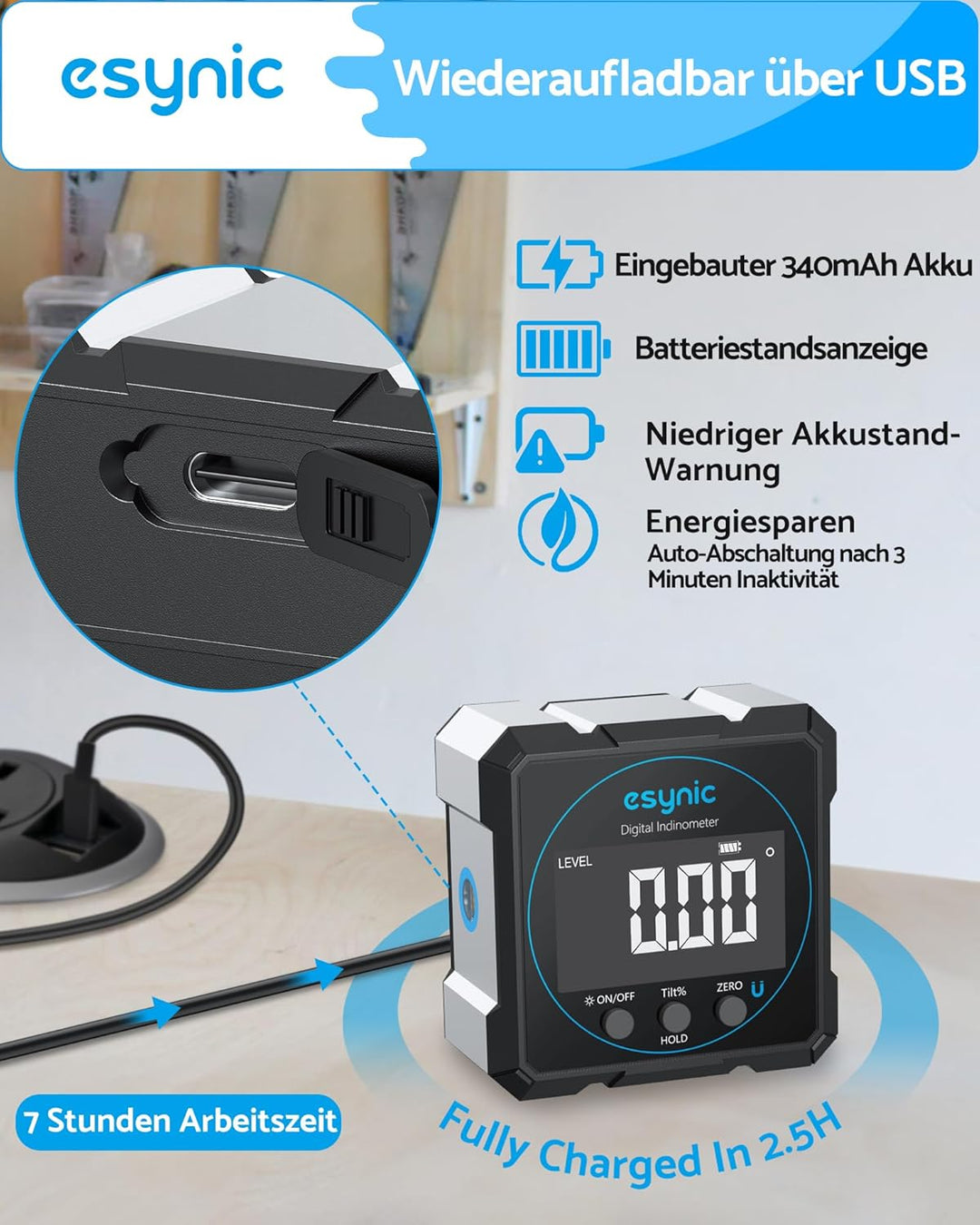 eSynic Digitaler Winkelmesser Neigungsmesser Laser Wasserwaage 4-seitigem Magnetwinkelmesser, 4 * 90