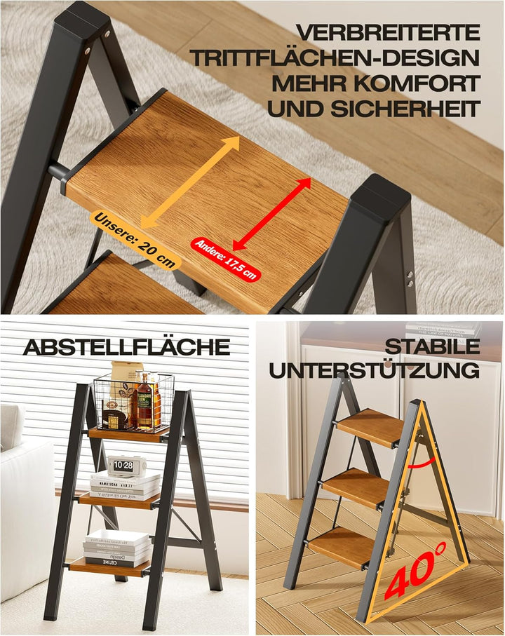 Trittleiter 3 Stufen klappbar,Tritthocker aus Aluminium | 150 kg Tragfähigkeit,Leiter mit rutschfest