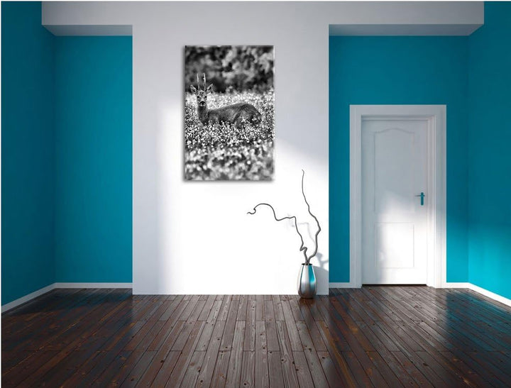 Pixxprint junger Hirsch auf Wildwiese / 100x70cm Leinwandbild bespannt auf Holzrahmen/Wandbild Kunst