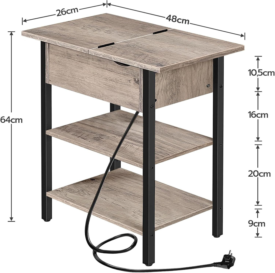 HOOBRO Beistelltisch, Flip-Top Sofatisch mit Ladestation und Ablagefläche, Schmaler Nachttisch für k
