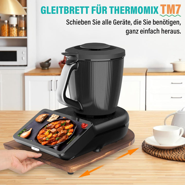 Bambus Gleitbrett für Thermomix TM7 – Mit 360° Rollen + Rutschfest Gummifüsse des Schnelles Bewegen/